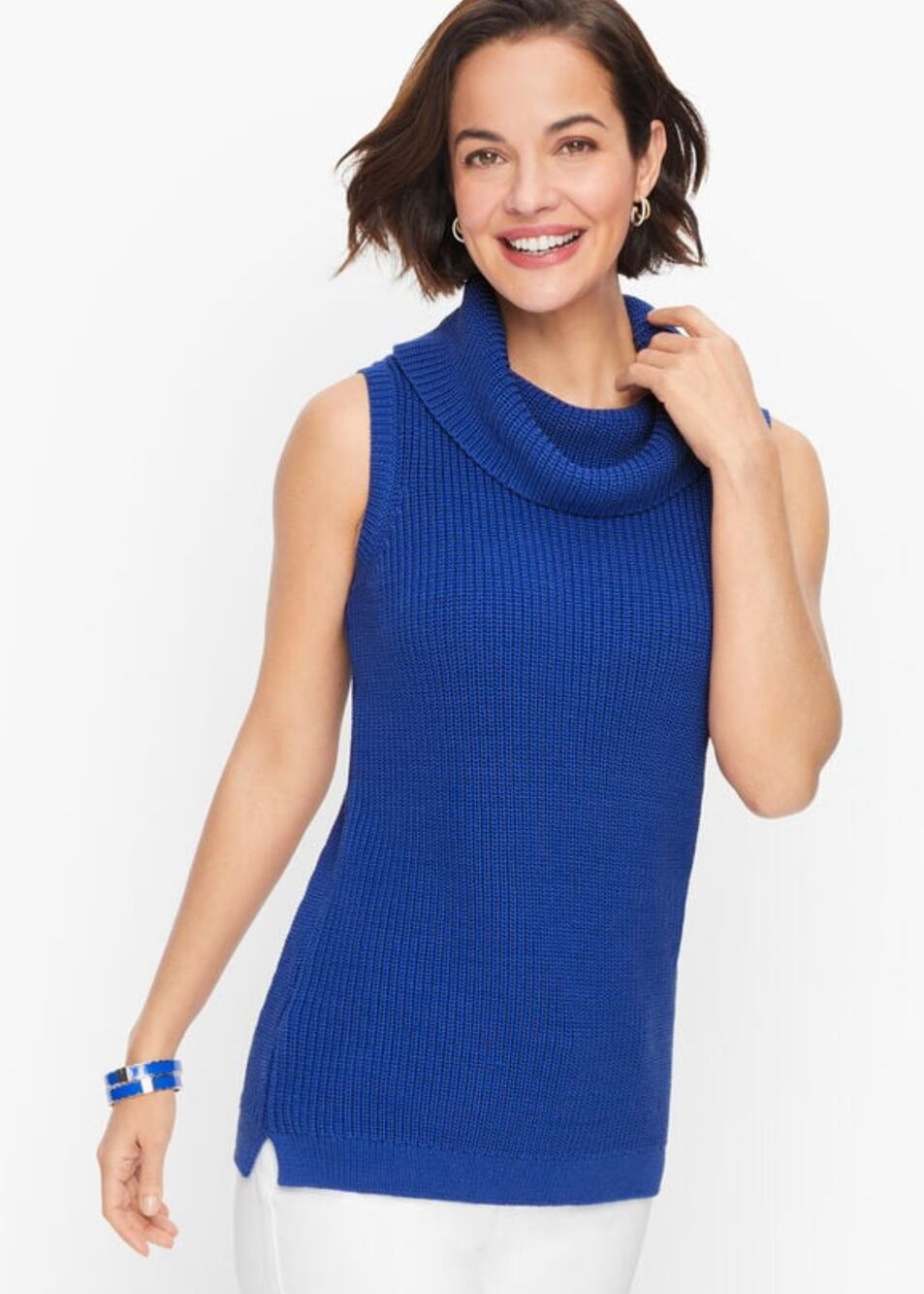 Talbots Cowl Neck Shaker Stitch Sleeveless Sweater Womens Size Medium Blue